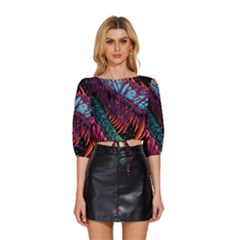 Floral Digital Art Tongue Out Mid Sleeve Drawstring Hem Top