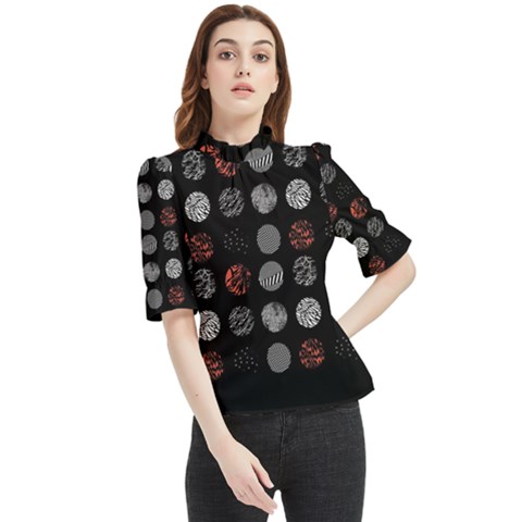 Black And Multicolored Polka Dot Artwork Digital Art Frill Neck Blouse by Jancukart