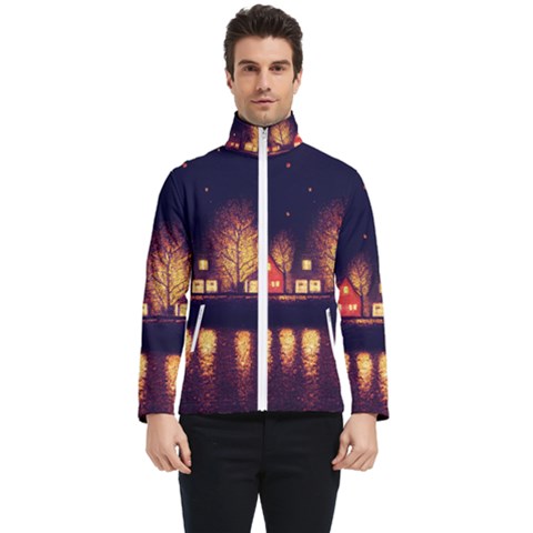 Night Houses River Bokeh Leaves Landscape Nature Men s Bomber Jacket by Ravend