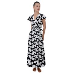 Playful Pups Black And White Pattern Flutter Sleeve Maxi Dress by dflcprintsclothing