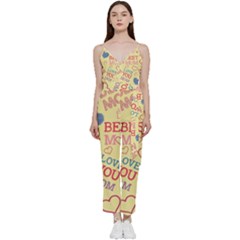 Love Mom Happy Mothers Day I Love Mom Graphic Pattern V-neck Spaghetti Strap Tie Front Jumpsuit by Ravend