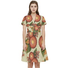 Flowers Leaves Pattern Flora Botany Drawing Art Short Sleeve Waist Detail Dress by Ravend