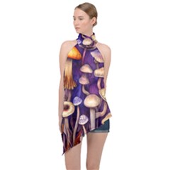 Whimsical Forest Mushroom Halter Asymmetric Satin Top by GardenOfOphir