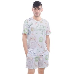 Cats And Food Doodle Seamless Pattern Men s Mesh Tee And Shorts Set