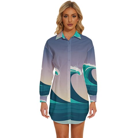 Tsunami Tidal Wave Wave Minimalist Ocean Sea 4 Womens Long Sleeve Shirt Dress by Pakemis