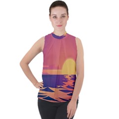 Sunset Ocean Beach Water Tropical Island Vacation Mock Neck Chiffon Sleeveless Top by Pakemis