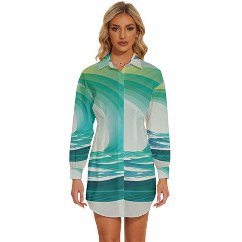 Tsunami Tidal Wave Wave Minimalist Ocean Sea 2 Womens Long Sleeve Shirt Dress by Pakemis