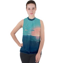 Ai Generated Ocean Sea Water Anime Nautical Mock Neck Chiffon Sleeveless Top by Pakemis