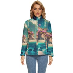 Tropical Island Fantasy Landscape Palm Trees Ocean Women s Puffer Bubble Jacket Coat by Pakemis