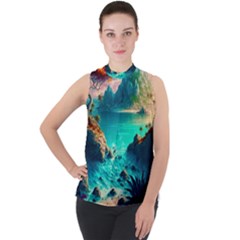 Tropical Paradise Beach Ocean Shore Sea Fantasy Mock Neck Chiffon Sleeveless Top by Pakemis