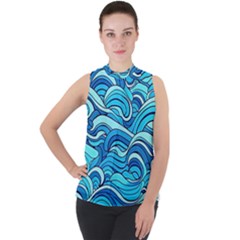 Pattern Ocean Waves Blue Nature Sea Abstract Mock Neck Chiffon Sleeveless Top by Pakemis