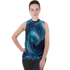 Tsunami Waves Ocean Sea Water Rough Seas 3 Mock Neck Chiffon Sleeveless Top by Pakemis