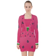 Watermelon Fruit Summer Red Fresh Food Healthy V-neck Bodycon Long Sleeve Dress by Wegoenart