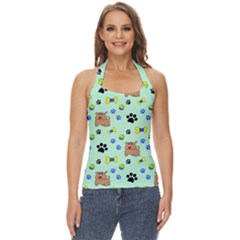 Dog Pattern Seamless Blue Background Scrapbooking Basic Halter Top by Wegoenart