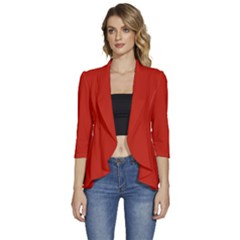 Chili Red	 - 	3/4 Sleeve Ruffle Edge Open Front Jacket