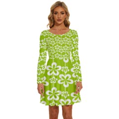 Lime Green Flowers Pattern Long Sleeve Wide Neck Velvet Dress by GardenOfOphir