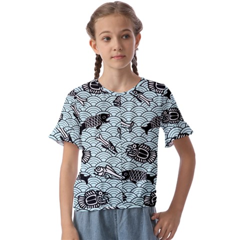 Fish Koi Ocean Sea Oriental Waves Kids  Cuff Sleeve Scrunch Bottom Tee by Semog4