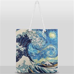 Starry Night Hokusai Vincent Van Gogh The Great Wave Off Kanagawa Full Print Rope Handle Tote (large) by Semog4