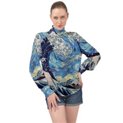 Starry Night Hokusai Vincent Van Gogh The Great Wave Off Kanagawa High Neck Long Sleeve Chiffon Top by Semog4