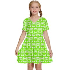 Lime Green And White Owl Pattern Kids  Short Sleeve Tiered Mini Dress by GardenOfOphir