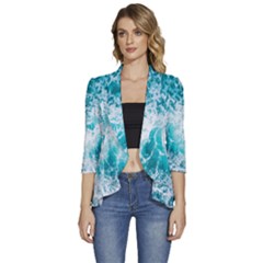 Tropical Blue Ocean Wave Women s 3/4 Sleeve Ruffle Edge Open Front Jacket