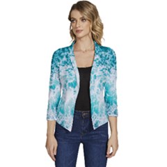 Tropical Blue Ocean Wave Women s Casual 3/4 Sleeve Spring Jacket