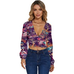 Ornamental Patterns Abstract Flower Pattern Purple Long Sleeve Deep-v Velour Top