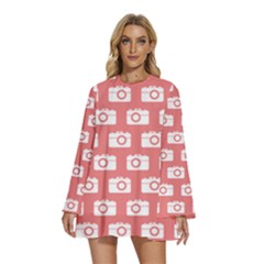 Modern Chic Vector Camera Illustration Pattern Round Neck Long Sleeve Bohemian Style Chiffon Mini Dress by GardenOfOphir