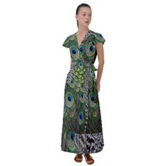 Peacock Bird Feather Colourful Flutter Sleeve Maxi Dress by Jancukart