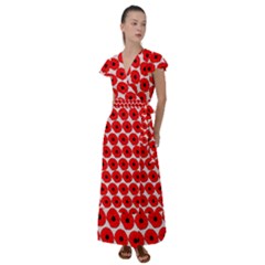 Red Peony Flower Pattern Flutter Sleeve Maxi Dress