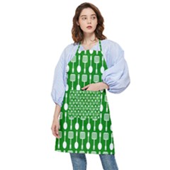 Green And White Kitchen Utensils Pattern Pocket Apron by GardenOfOphir