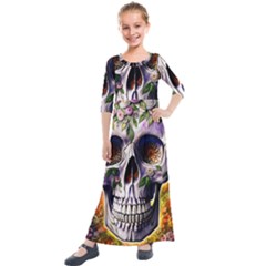 Cute Sugar Skull With Flowers - Day Of The Dead Kids  Quarter Sleeve Maxi Dress by GardenOfOphir