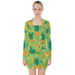 Fruit Tropical Pattern Design Art V-neck Bodycon Long Sleeve Dress by danenraven