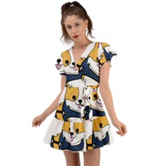 Puppy Cartoon Corgi Flutter Sleeve Wrap Dress by Semog4