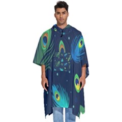 Blue Background Pattern Feather Peacock Men s Hooded Rain Ponchos by Semog4