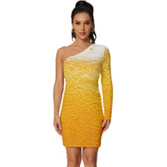 Texture Pattern Macro Glass Of Beer Foam White Yellow Long Sleeve One Shoulder Mini Dress by Semog4