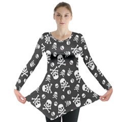 Skull-crossbones-seamless-pattern-holiday-halloween-wallpaper-wrapping-packing-backdrop Long Sleeve Tunic  by Ravend