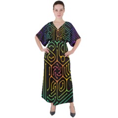 Circuit Hexagonal Geometric Pattern Background Pattern V-neck Boho Style Maxi Dress by Jancukart