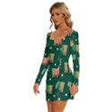 Cute Christmas Pattern Doodle Long Sleeve Square Neck Bodycon Velvet Dress View2