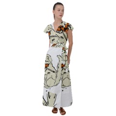 Cat Playing The Violin Art Flutter Sleeve Maxi Dress by oldshool