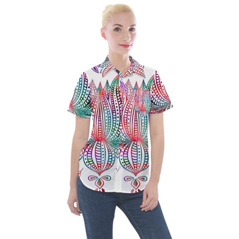 Lotus Feathers Boho Watercolor Women s Short Sleeve Pocket Shirt by Salman4z