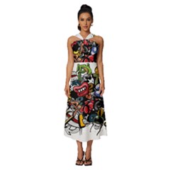 Mural Graffiti Paint Sleeveless Cross Front Cocktail Midi Chiffon Dress by Salman4z