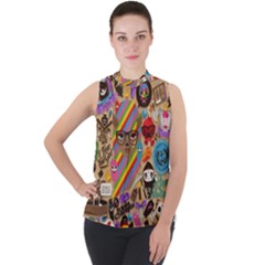 Multicolored Doodle Art Wallpaper Mock Neck Chiffon Sleeveless Top by Salman4z