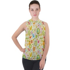 Nature Doodle Art Trees Birds Owl Children Pattern Multi Colored Mock Neck Chiffon Sleeveless Top by Salman4z