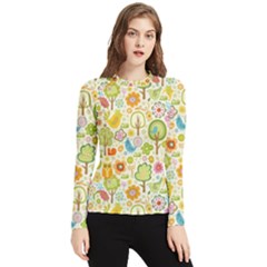 Nature Doodle Art Trees Birds Owl Children Pattern Multi Colored Women s Long Sleeve Rash Guard by Salman4z