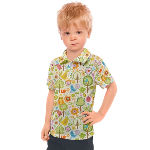 Nature Doodle Art Trees Birds Owl Children Pattern Multi Colored Kids  Polo Tee by Salman4z