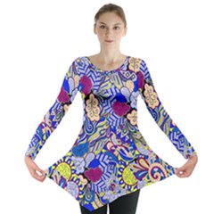 Blue Yellow Background Pattern Vector Texture Paisley Long Sleeve Tunic  by Salman4z