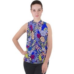 Blue Yellow Background Pattern Vector Texture Paisley Mock Neck Chiffon Sleeveless Top by Salman4z