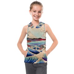 Wave Japanese Mount Fuji Woodblock Print Ocean Kids  Sleeveless Hoodie