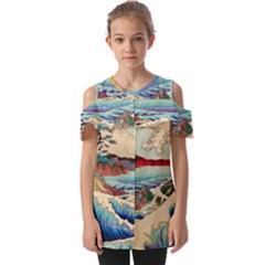 Wave Japanese Mount Fuji Woodblock Print Ocean Fold Over Open Sleeve Top by Salman4z